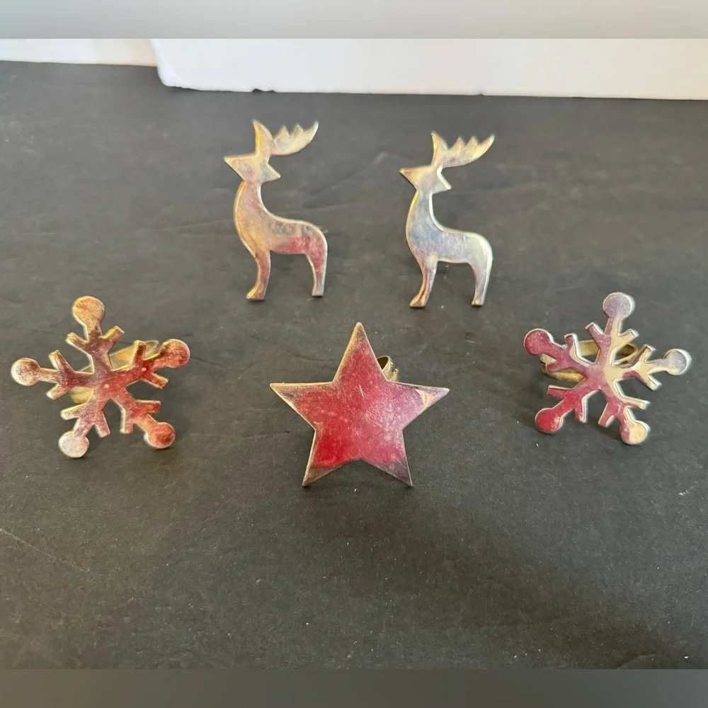 Set of 5 Vintage Solid Brass Christmas Holiday Napkin Ring Holders
